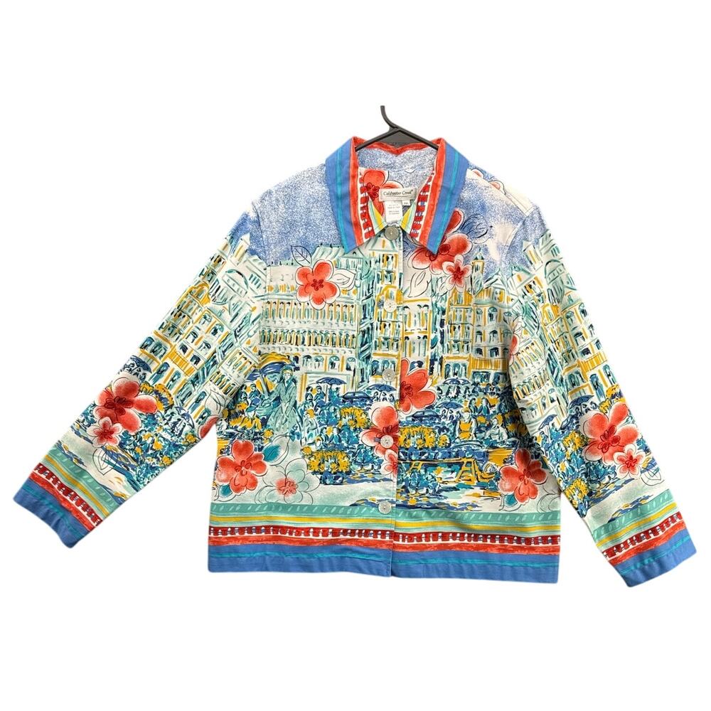 Coldwater Creek Blue Pink Floral Scene Art Wear Beachy Blazer Jacket Women PXL